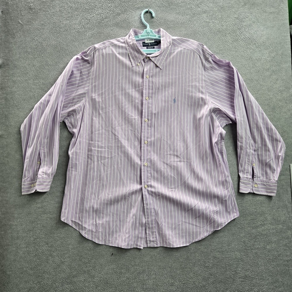 VINTAGE Ralph Lauren Men Button Up Shirt 18 Purple Pony Embroidery Striped